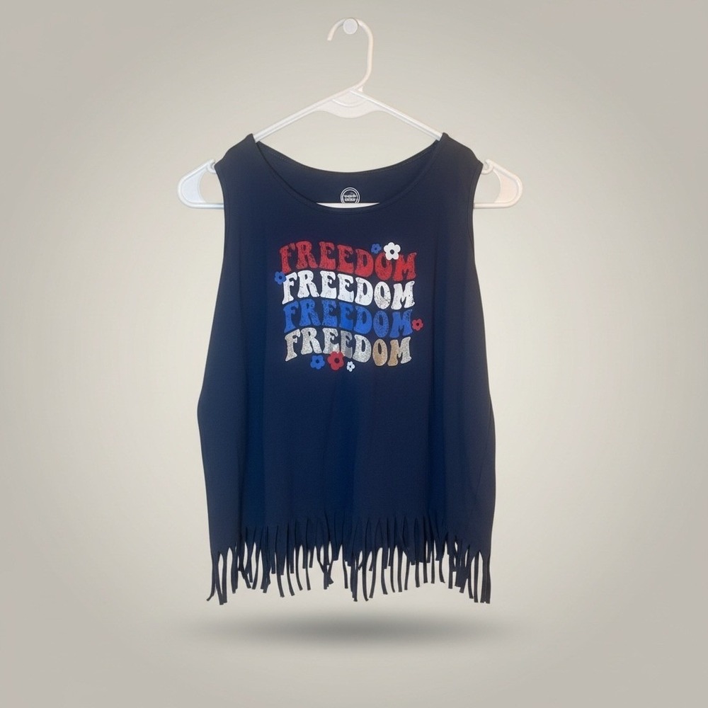 Girls Navy Blue Freedom Graphic Fringe Tank Top Patriotic XL Youth